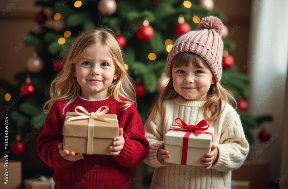 Two cute baby girls in New Year's winter sweaters and hats stand near the Christmas tree and hold boxes with gifts in their hands Two cute baby girls in New Year's winter sweaters and hats stand near the Christmas tree and hold boxes with gifts in their hands