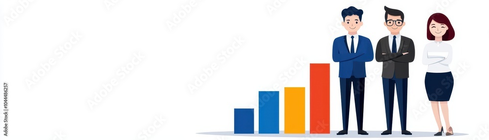 Business team standing confidently with growth chart on white background. Business team standing confidently with growth chart on white background.