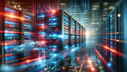 Futuristic Data Center Visualization: Digital AI Infrastructure with Illuminated Servers Representing Artificial Intelligence, Data Flow, Neural Networks, and Cloud Computing