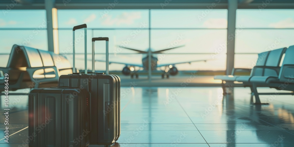 Suitcases in Airport Terminal with Airplane in Background Suitcases in Airport Terminal with Airplane in Background