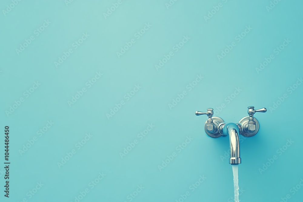 Close-up of a silver faucet with water flowing from the spout against a light blue background. Close-up of a silver faucet with water flowing from the spout against a light blue background.