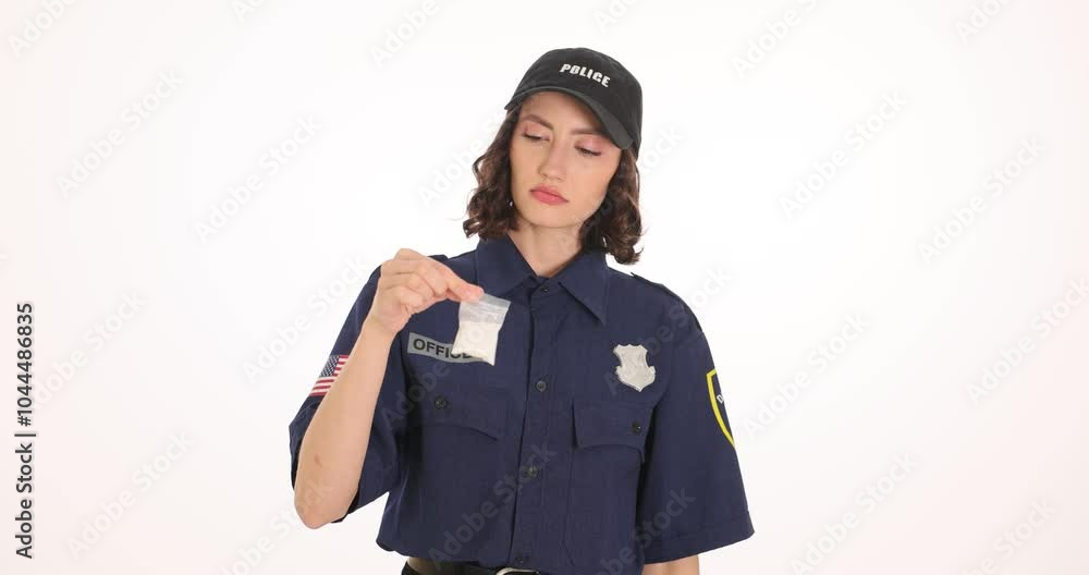 Woman police officer holds small bag of drugs and raises handcuffs on white background. Serious female shows willingness to arrest suspected person Woman police officer holds small bag of drugs and raises handcuffs on white background. Serious female shows willingness to arrest suspected person