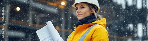 Construction worker, blueprint, hard hat, winter weather, safety gear, determination, professionalism A woman in a yellow jacket stands with blueprints in snowy conditions photo