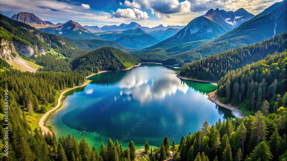 Scenic lake surrounded by mountains and forests from high angle view Scenic lake surrounded by mountains and forests from high angle view