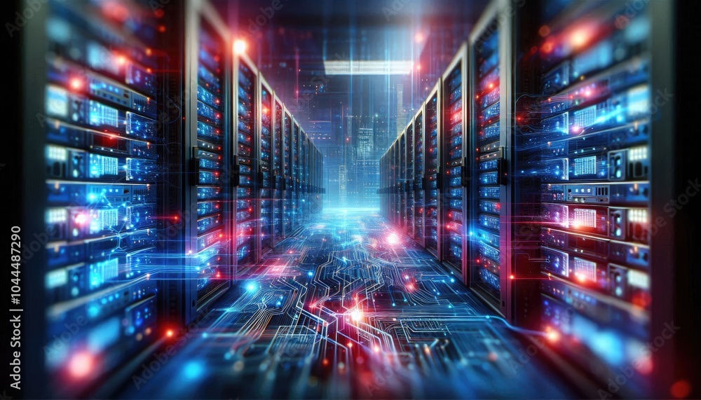 Futuristic Data Center Visualization: Digital AI Infrastructure with Illuminated Servers Representing Artificial Intelligence, Data Flow, Neural Networks, and Cloud Computing