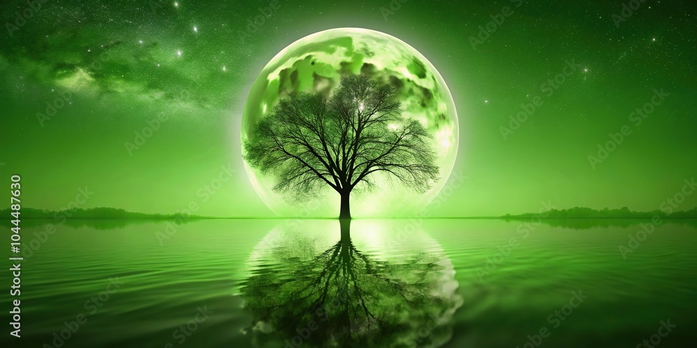 Scenic landscape of green background with tree and moonlight reflected on water Scenic landscape of green background with tree and moonlight reflected on water