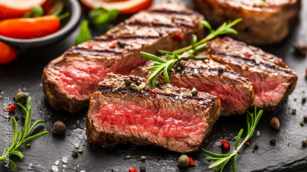 Elegant Meat Presentation on Slate Plate with Warm Lighting Elegant Meat Presentation on Slate Plate with Warm Lighting