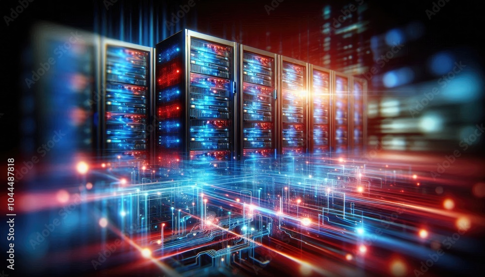 Fototapeta premium Futuristic Data Center Visualization: Digital AI Infrastructure with Illuminated Servers Representing Artificial Intelligence, Data Flow, Neural Networks, and Cloud Computing