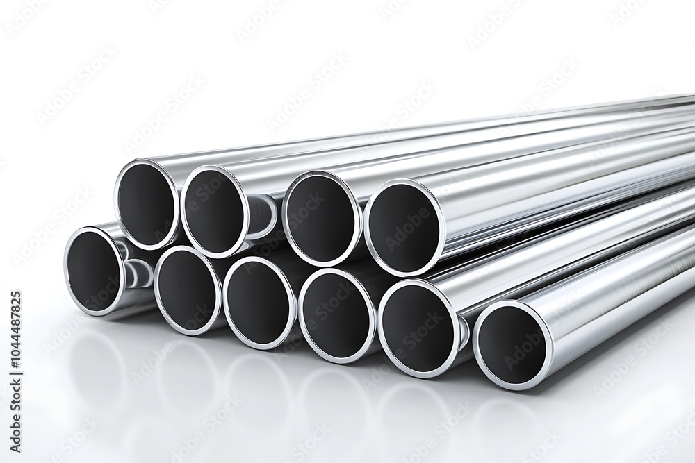 Stack of shiny metal pipes on a white background. Stack of shiny metal pipes on a white background.