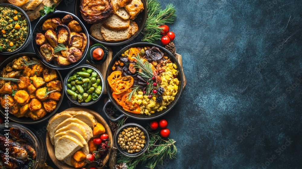 Festive Holiday Meal Spread on a Bright Table Festive Holiday Meal Spread on a Bright Table