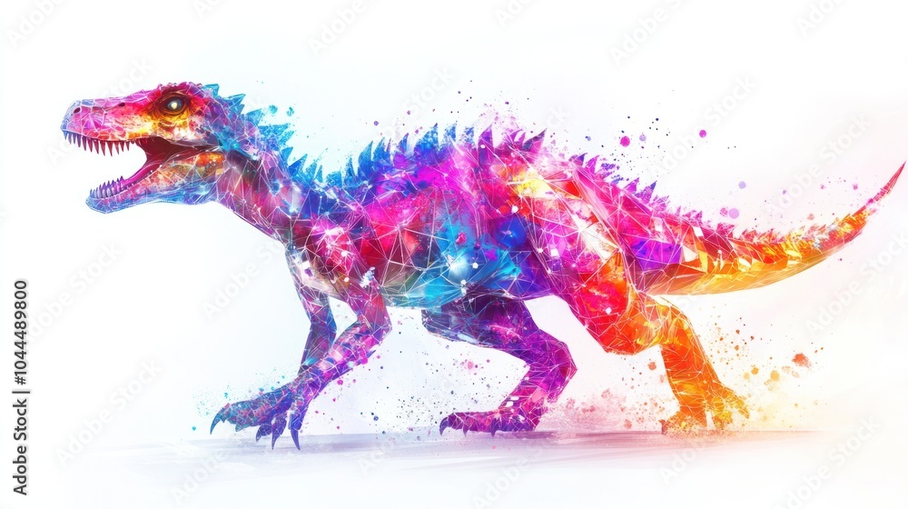 digitally rendered dinosaur emerging from a burst of quantum particles and light digitally rendered dinosaur emerging from a burst of quantum particles and light