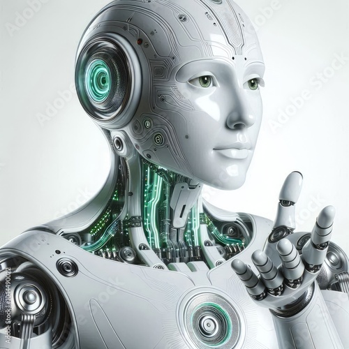 Obraz na płótnie Futuristic Humanoid Robot with Outstretched Arm: Symbol of Artificial Intelligence, Human-Robot Collaboration, Machine Learning, and Intelligent Automation in Modern Technology w salonie