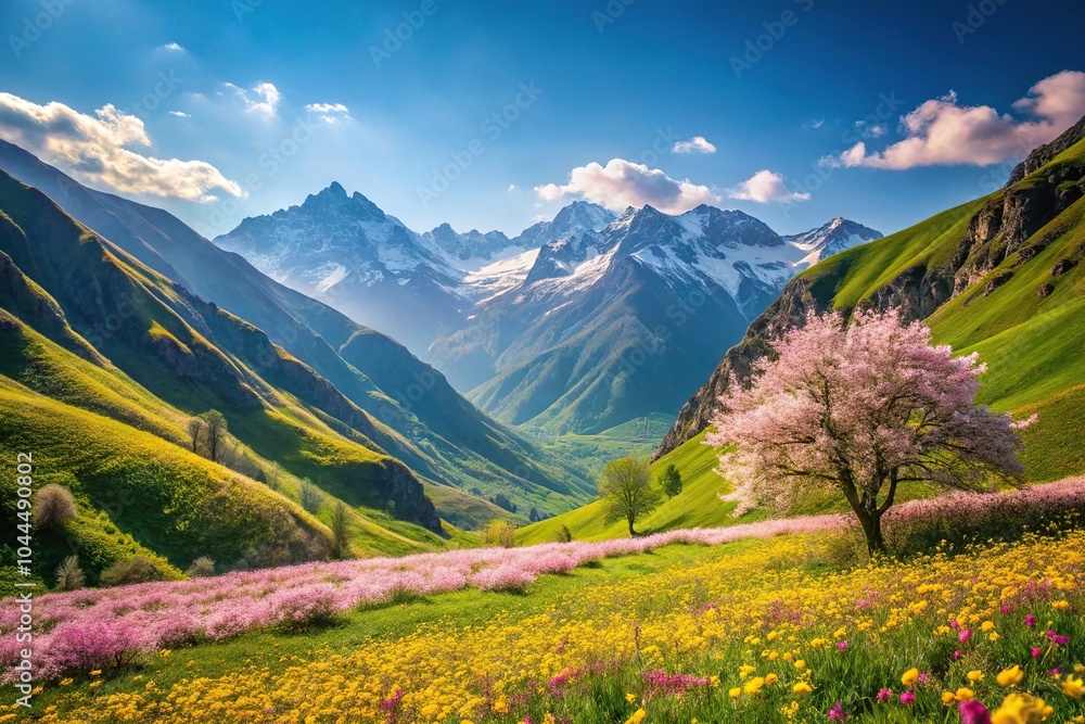 Fototapeta premium Scenic mountain valley with blooming flowers in spring