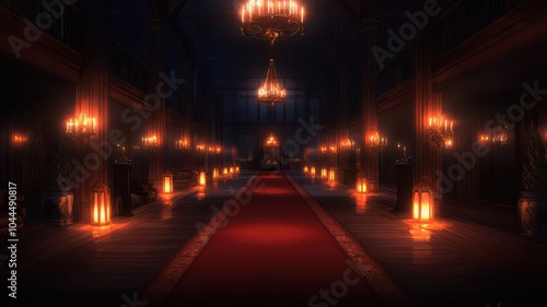 Elegant hallway illuminated by chandeliers, featuring candles and a red carpet.