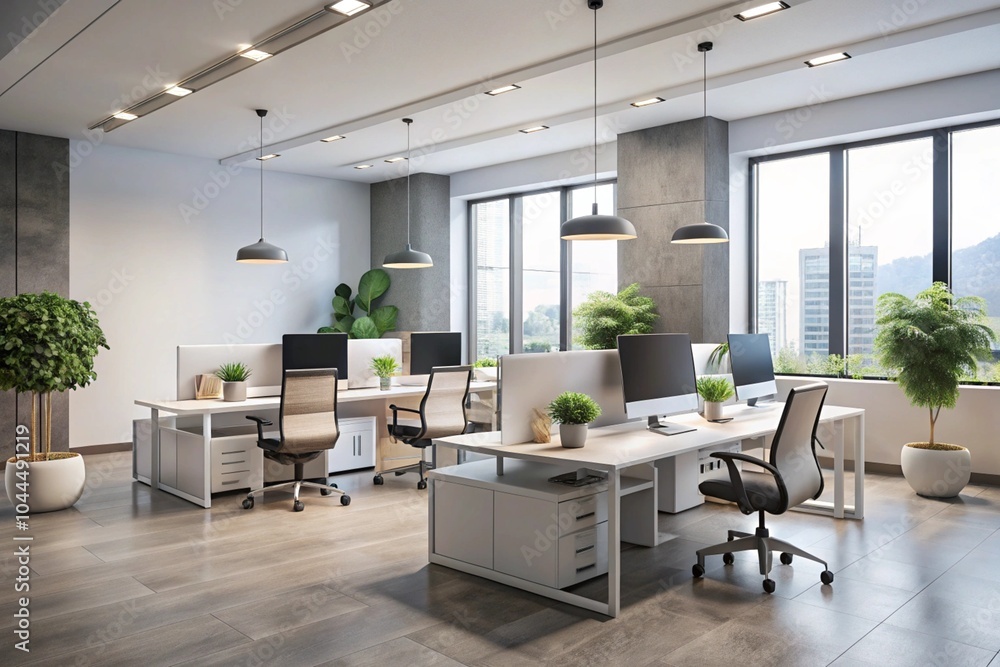 Fototapeta premium Modern corporate open office in minimalist modern design in whites and greys, empty office workstations.