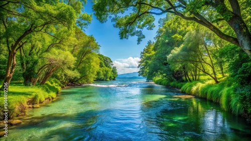 Scenic river flowing through lush forest to ocean