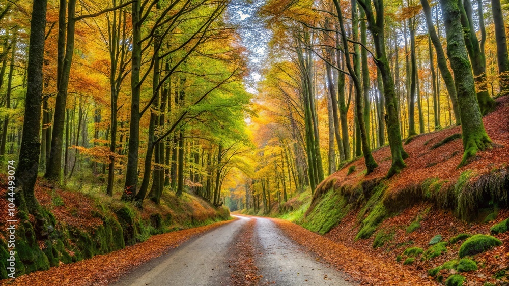 Scenic road through autumn forest on Camino de Santiago Scenic road through autumn forest on Camino de Santiago