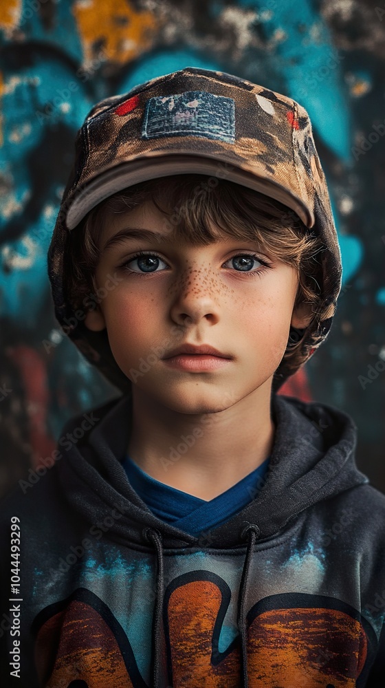 Portrait of a Young Boy in a Hoodie and Cap Against a Graffiti Wall Portrait of a Young Boy in a Hoodie and Cap Against a Graffiti Wall