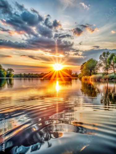sunset over the river. sunset, lake, water, sky, landscape, sunrise, nature, clouds, reflection, sun, cloud, river, evening, tree, dusk, morning, beach, calm, summer, sea, orange, horizon, cloudscape,