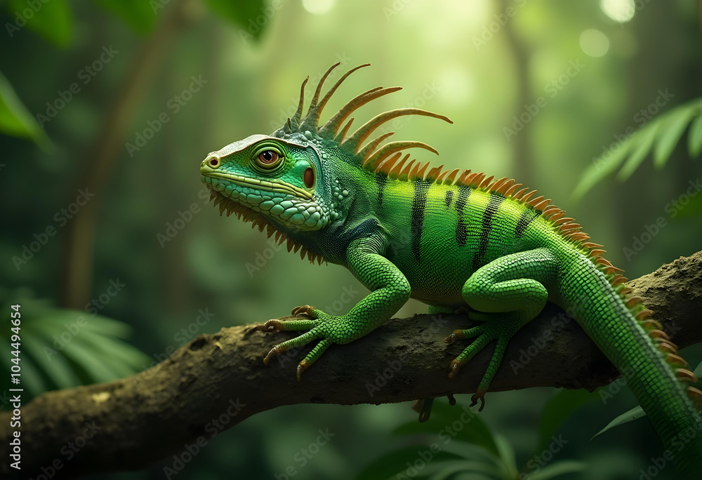 vibrant green iguana perched on branch in lush forest vibrant green iguana perched on branch in lush forest
