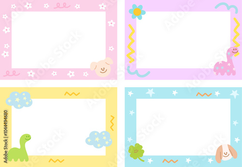 Cute pastel frame set with dinosaur, puppy, clover leaf, flowers for cartoon background, wallpaper, backdrop, polaroid frame, photo card, banner, rectangle ad template, print, animal, zoo, pet shop