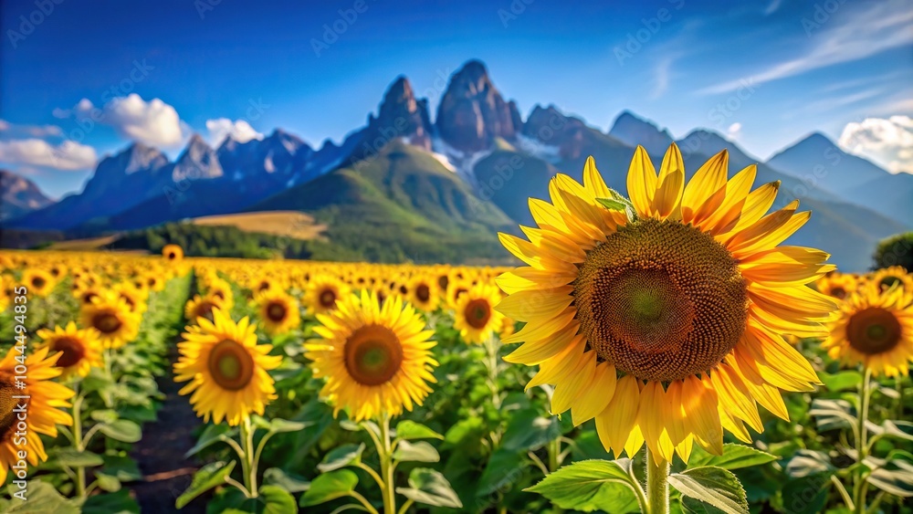 Obraz premium Scenic sunflower field with mountains and blue sky