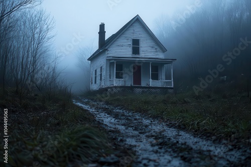 Isolated old house in foggy landscape with a muddy path leading to it.