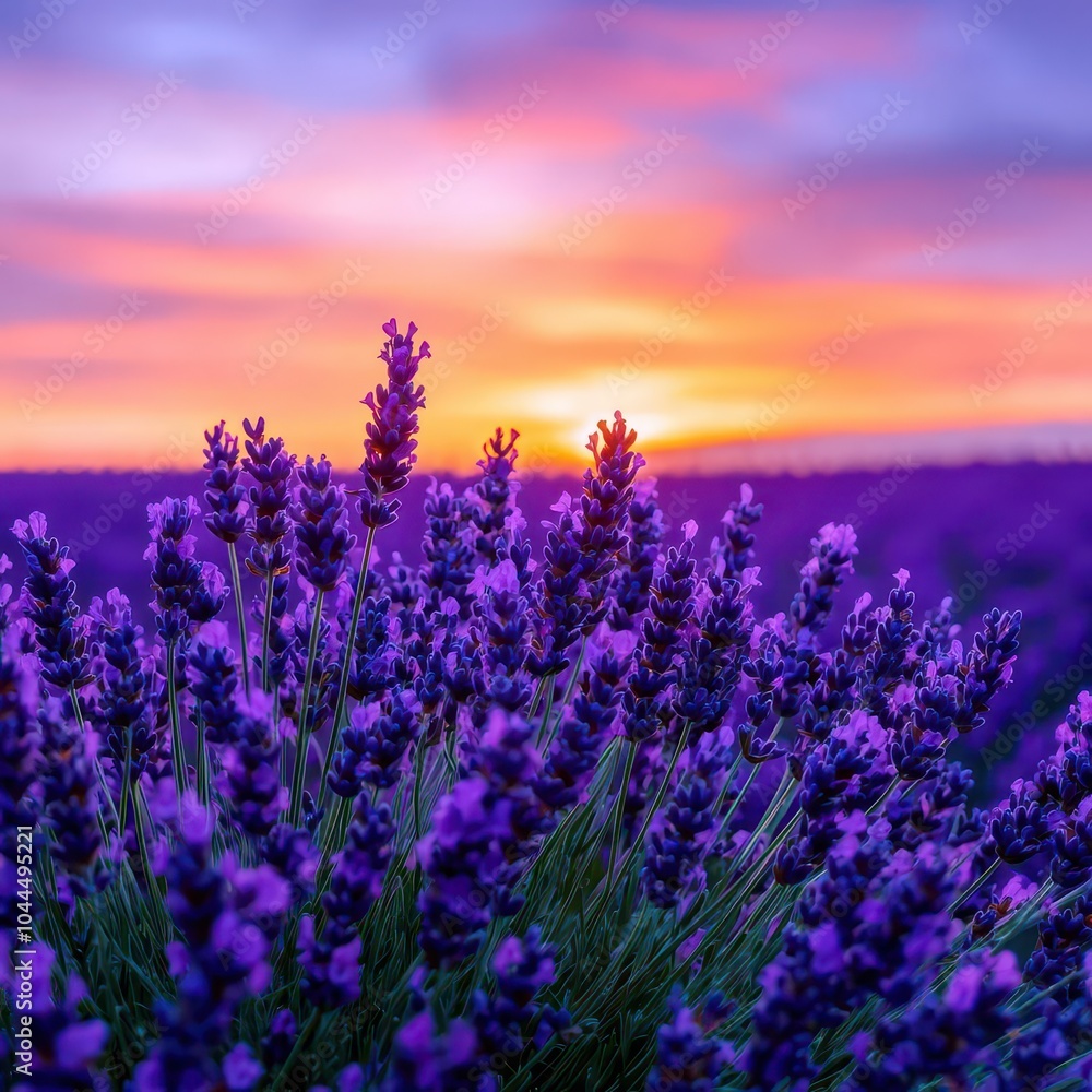 Lavender field at sunset with vibrant colors and blooming flowers. Lavender field at sunset with vibrant colors and blooming flowers.