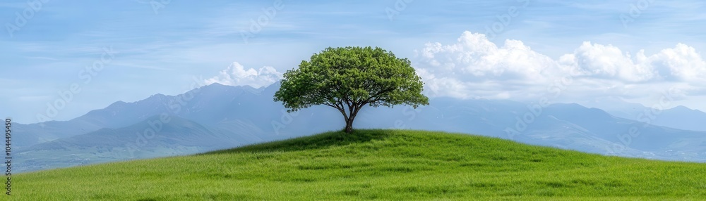 Lone tree on a green hill with mountains in the background and blue sky Lone tree on a green hill with mountains in the background and blue sky