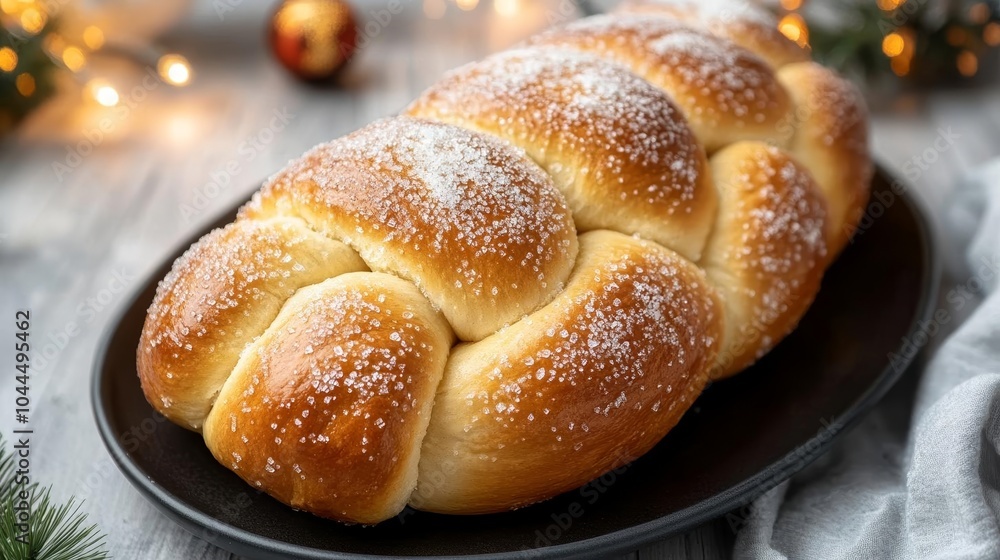 Braided challah loaf with a glossy finish, sprinkled with sugar, set on a dark plate, warm festive lighting for Hanukkah