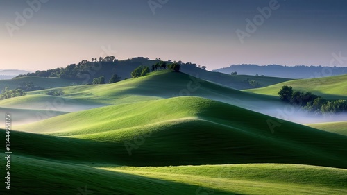 Lush green hills under a misty sky, showcasing serene natural beauty.