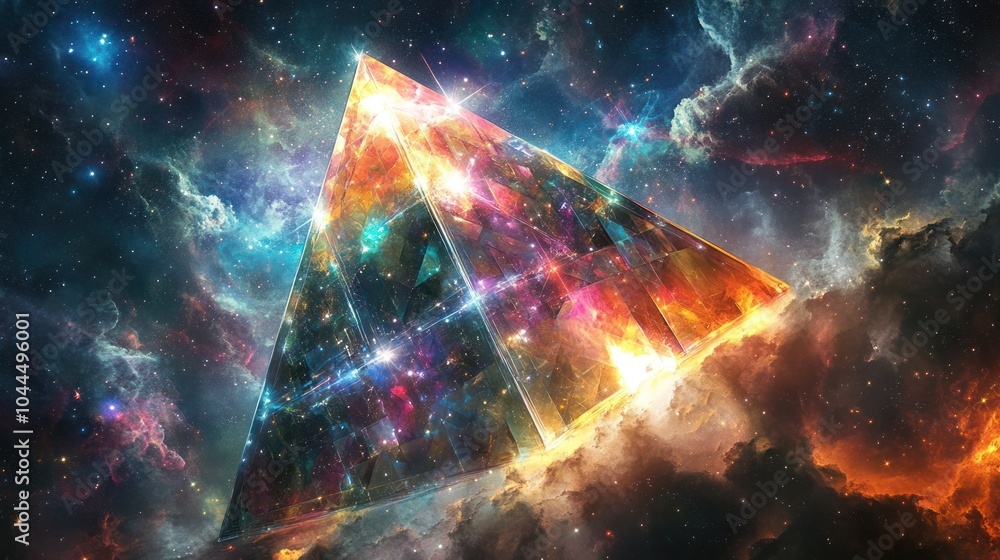 An artistic interpretation of a quantum pyramid that appears to be dissolving into a cloud of vibrant energy particles An artistic interpretation of a quantum pyramid that appears to be dissolving into a cloud of vibrant energy particles