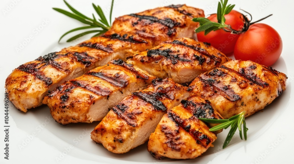 Grilled chicken fillets served with cherry tomatoes and herbs on a white plate. Grilled chicken fillets served with cherry tomatoes and herbs on a white plate.