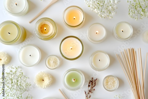 A collection of candles and diffused lighting on a white background photo