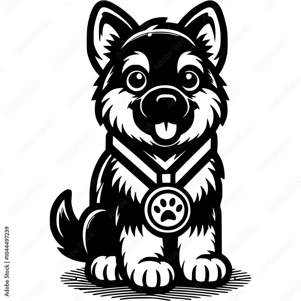 German shepherd puppy with dog show winner medal worn around its neck in monochrome. Simple minimalistic vector in black ink drawing on transparent background German shepherd puppy with dog show winner medal worn around its neck in monochrome. Simple minimalistic vector in black ink drawing on transparent background