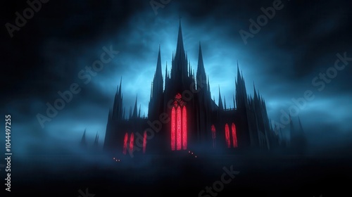 Mysterious gothic castle silhouette with red windows and foggy background. photo