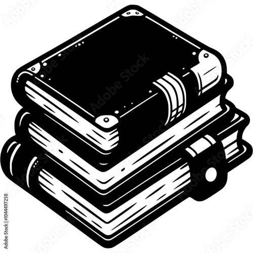 Closed books in leather bindings folded in a stack in monochrome. Simple minimalistic vector in black ink drawing on transparent background