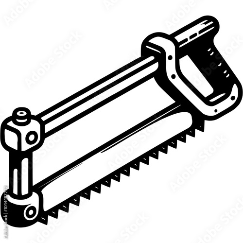 Hacksaw for metal in monochrome. Tool for sawing metal products. Simple minimalistic vector in black ink drawing on transparent background