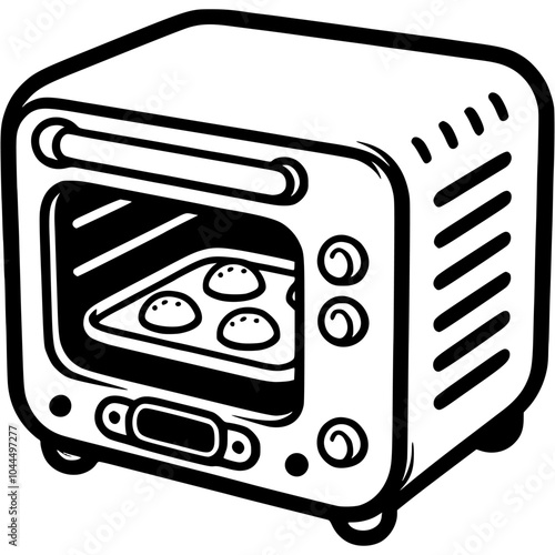 Closed oven with biscuit baskets on a tray in monochrome. Simple minimalistic vector in black ink drawing on transparent background