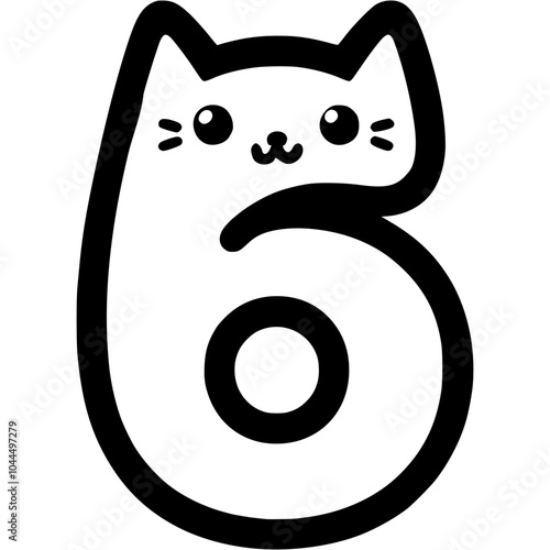 Six number, 6 digit in kitty style in monochrome. Simple minimalistic vector in black ink drawing on transparent background