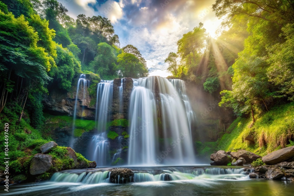 Scenic view of a waterfall surrounded by trees in the morning Scenic view of a waterfall surrounded by trees in the morning