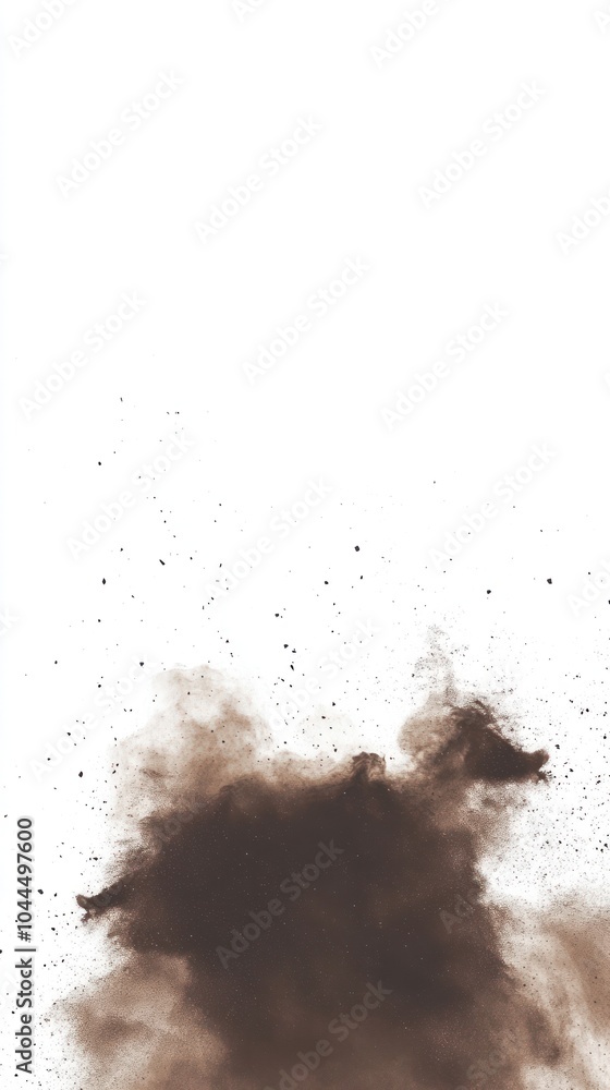 A cloud of brown dust or powder disperses against a white background. A cloud of brown dust or powder disperses against a white background.