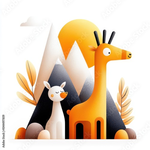 Playful illustration of a giraffe and a deer amidst mountains and trees. photo