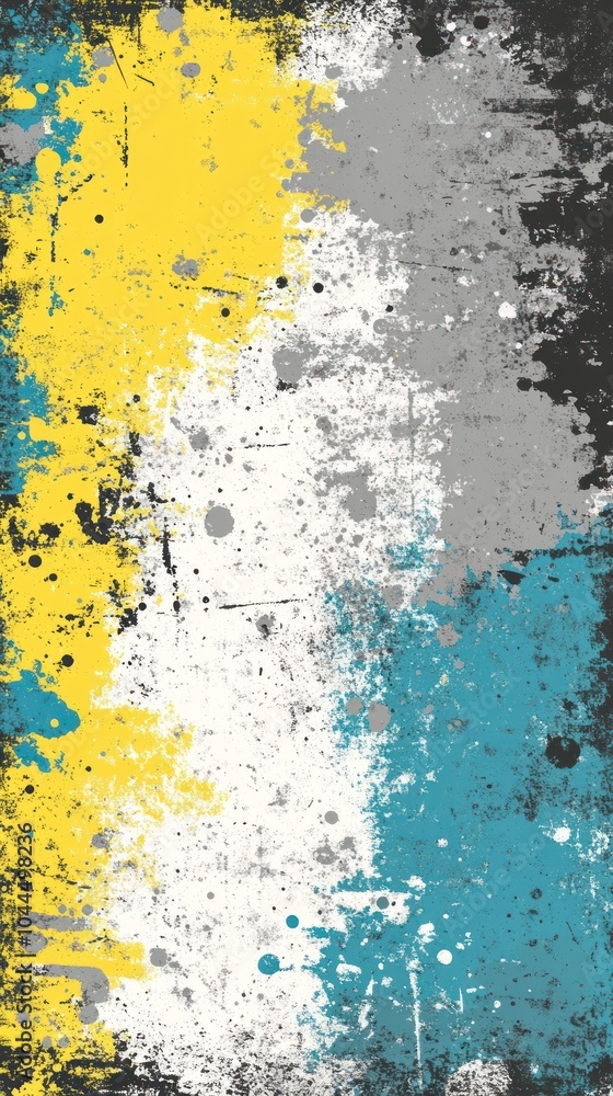 Abstract artwork featuring vibrant splashes of yellow, teal, gray, and black paint. Abstract artwork featuring vibrant splashes of yellow, teal, gray, and black paint.