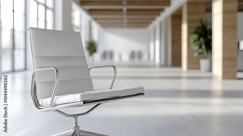A modern office space featuring a sleek white chair in a bright, open environment. A modern office space featuring a sleek white chair in a bright, open environment.