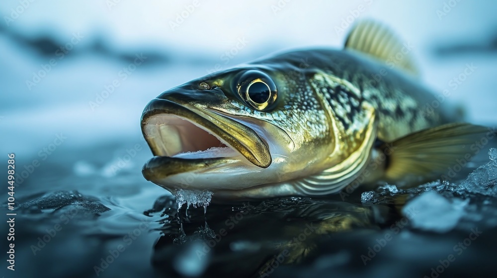 A close-up of a fish resting on icy water, showcasing its scales and open mouth. A close-up of a fish resting on icy water, showcasing its scales and open mouth.