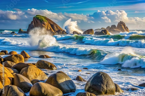 Scenic view of big waves and boulders along the Pacific Ocean coast at Kaka Point