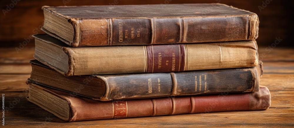 Stack of old, leather-bound books on a wooden table.