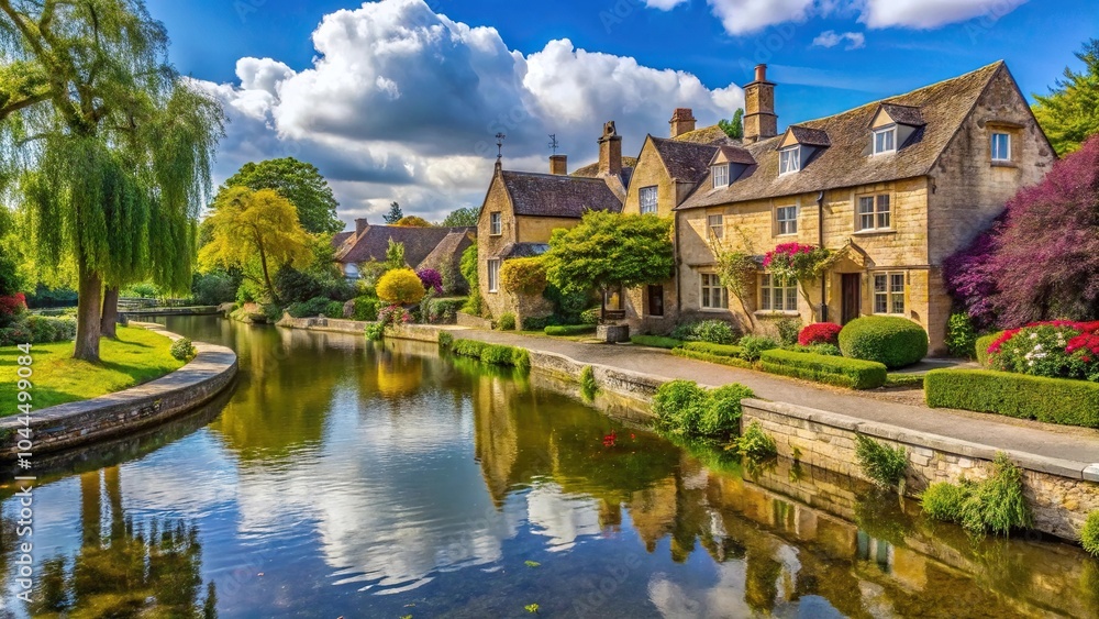 Scenic view of Bourton on the Water in the Cotswolds, Gloucestershire, England, with a tilted angle Scenic view of Bourton on the Water in the Cotswolds, Gloucestershire, England, with a tilted angle