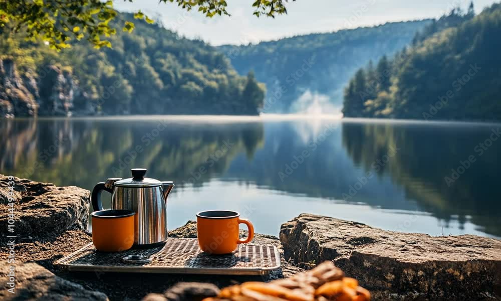A serene lakeside scene with coffee and a kettle, perfect for relaxation and leisure. A serene lakeside scene with coffee and a kettle, perfect for relaxation and leisure.